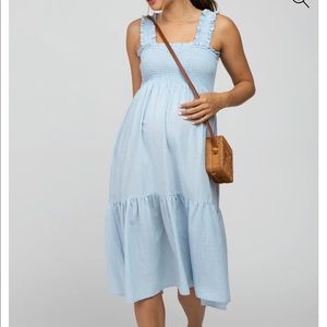 Light Blue Square Neck Smocked Maternity Midi Dress